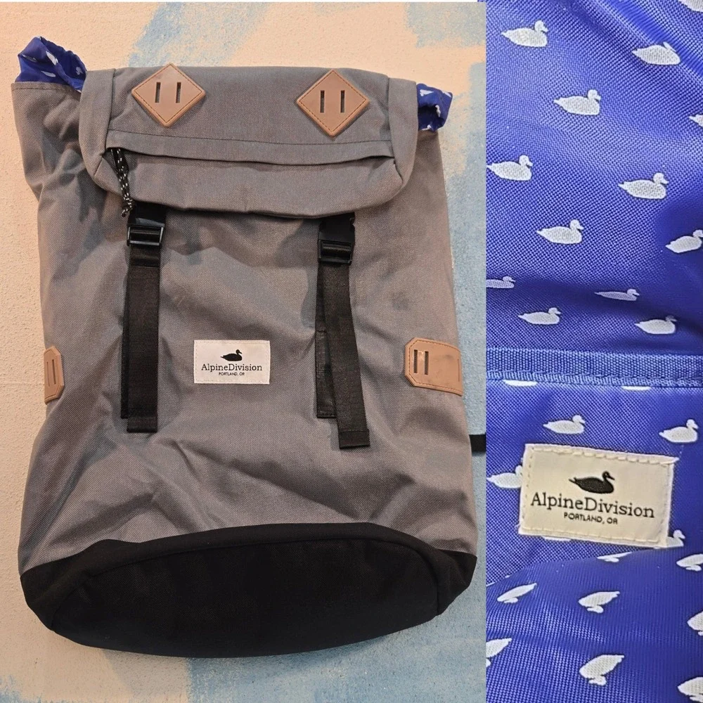 Alpine Division McKenzie Grey Roll Top Backpack 28L Portland OR Duck Print Liner